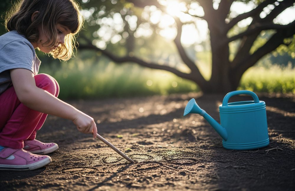 girl-drawing-dirt-with-watering-can